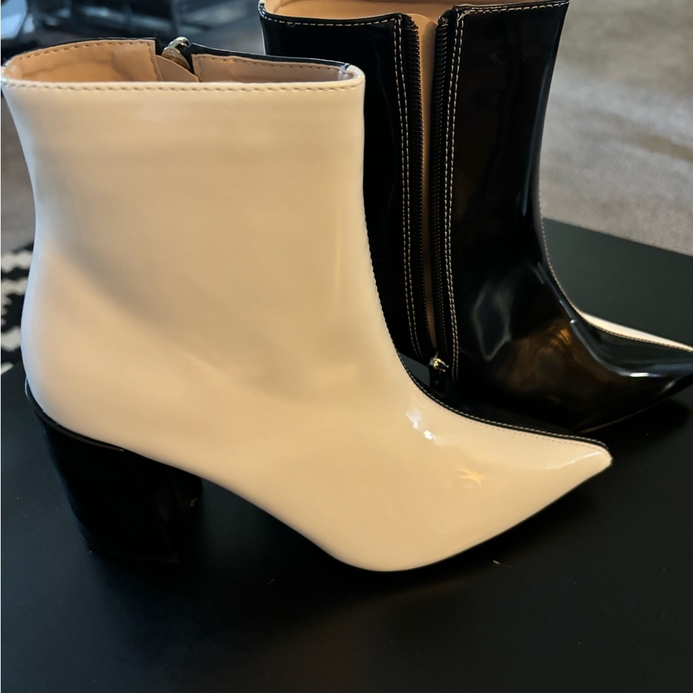 Black and White Patent Leather Colorblock Booties